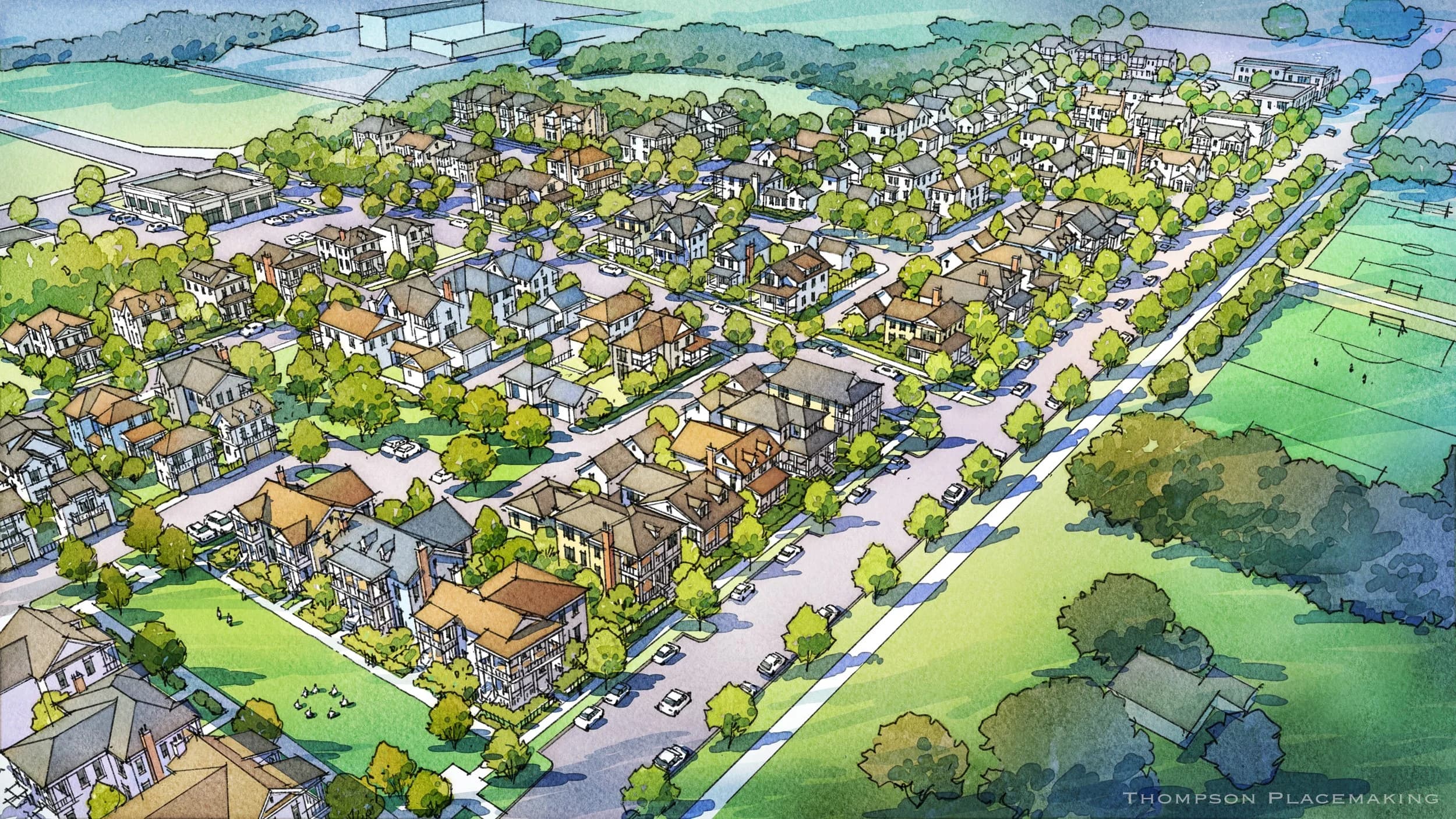 Burns Bottom — aerial watercolor of a neighborhood plan