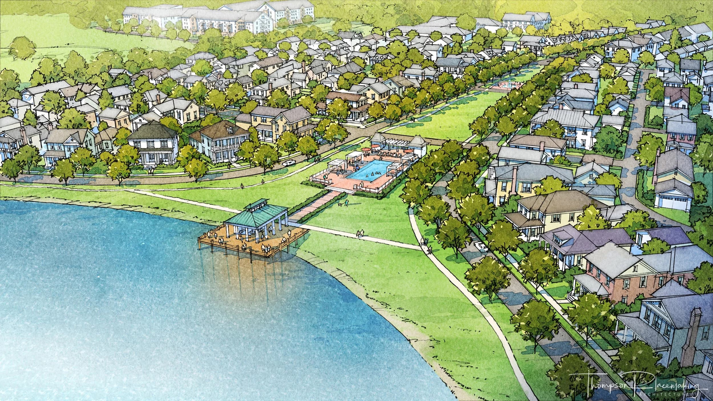Watercolor aerial illustration of a Southern neighborhood by a lake